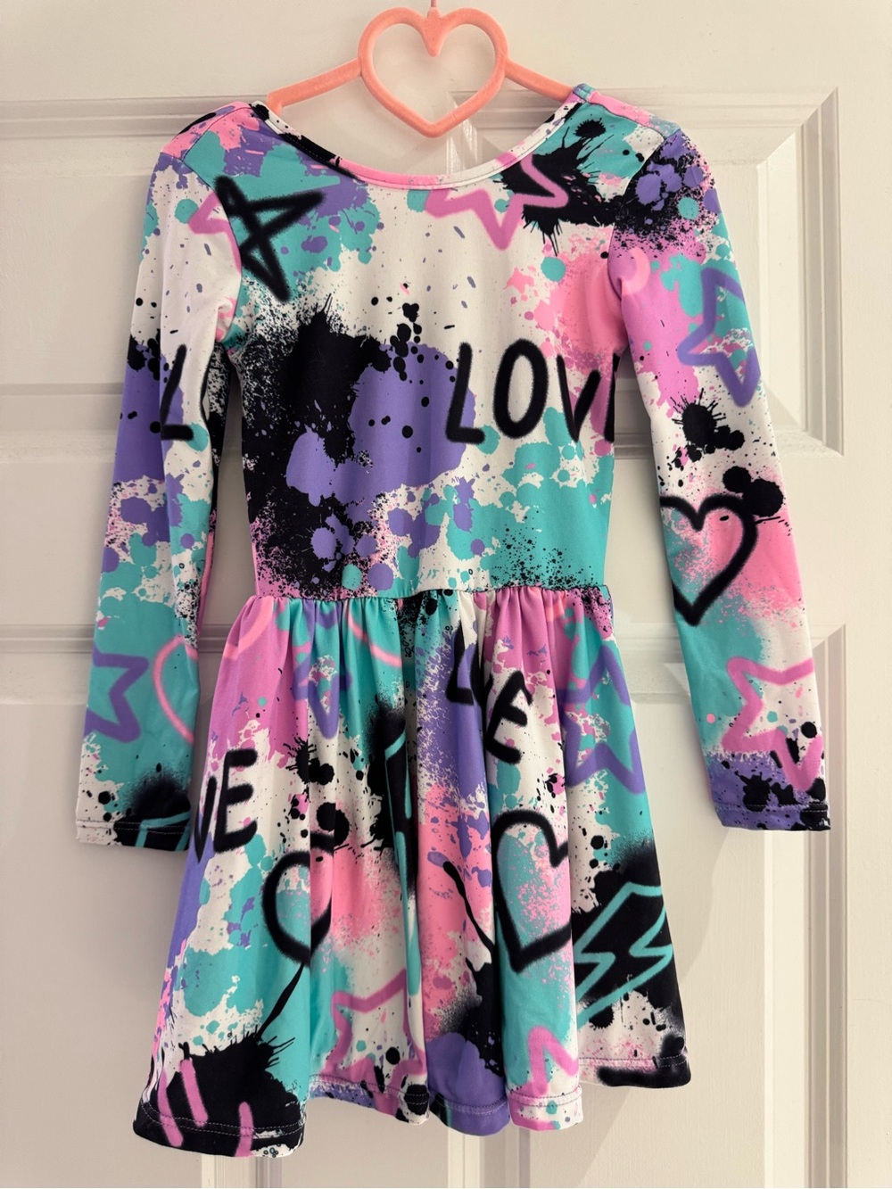 Pixielane Girls ‘Love' Print Long-Sleeve Skater Dress - Pink, Teal & Purple